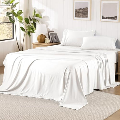 ROSE&RISY White Sheets Queen Sheet Set, Pre-Washed Cotton-Like Brushed Microfiber, 4 Pcs Super Soft Breathable Cooling Bed Sets,Includes 1 Fitted, 1 Flat, 2 Pillowcases (White, Queen)
