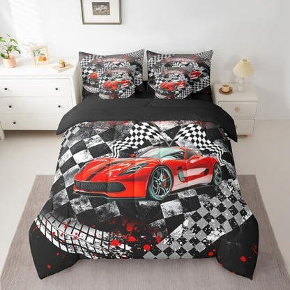 Castle Fairy Boys Red Race Car Comforter Set Bed in a Bag 7 Pieces Twin,Speed Sports Car Bedding Set,Fast and Furious (Comforter+Fitted+Flat Sheet+2 Pillowcases+2 Throw Pillow Covers)
