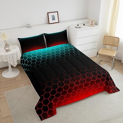 Red Blue Ombre Bedding Set Queen, Geometric Honeycomb Comforter Set Abstract Ombre Honeycomb Comforter Beehive Hexagon Duvet Set with 2 Pillow Case