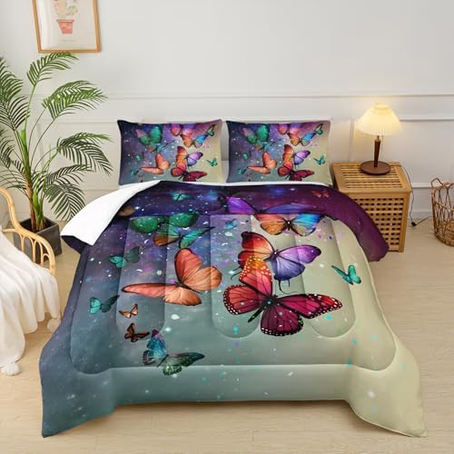 Colorful Butterfly Bed Comforter Set,Rainbow Butterfly Comforter Set Twin for Boys Girls,Dreamy Butterfly Galaxy Gradient Print Bedding Set,Soft Microfiber Quilt Set with 2 Pillowcase