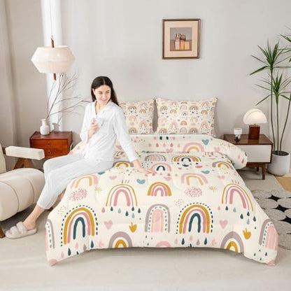 jejeloiu Lovely Kids Rainbows Comforter Set Toddler Size Cute Rainbow Bedding Set for Kids Boys Girls Cute Princess Duvet Quilt Bedroom Decor Microfiber 2 Pcs with 1 Pillow Cases