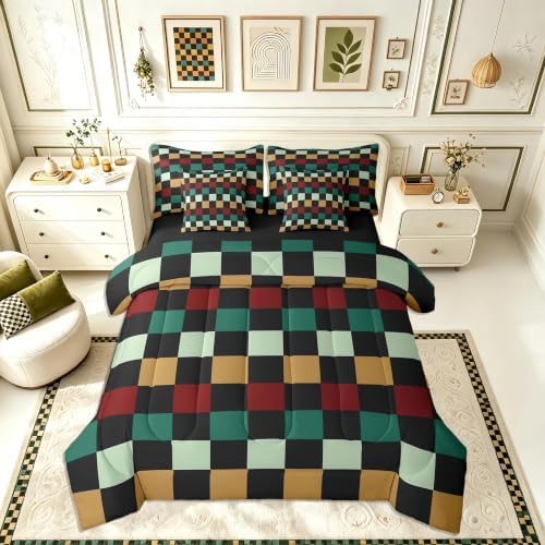 Checkered Retro Comforter Set With Sheets 7 Piece King Size Green Red Yellow Plaid Bedding Set for Kids Boys Girls Geometric Vintage Bed in a Bag Modern Simple Groovy Aesthetic Room Decor Soft