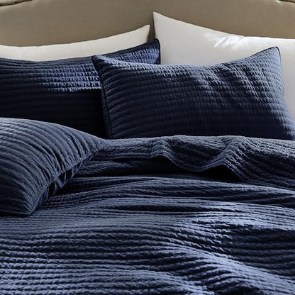 WDCOZY 100% Cotton King Size Quilt Set, Channel Pick Stitch, Navy Blue
