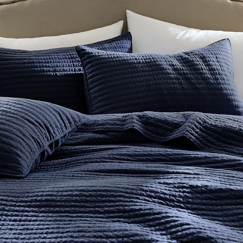 WDCOZY 100% Cotton Twin Size Quilt Set, Channel Pick Stitch, Navy Blue