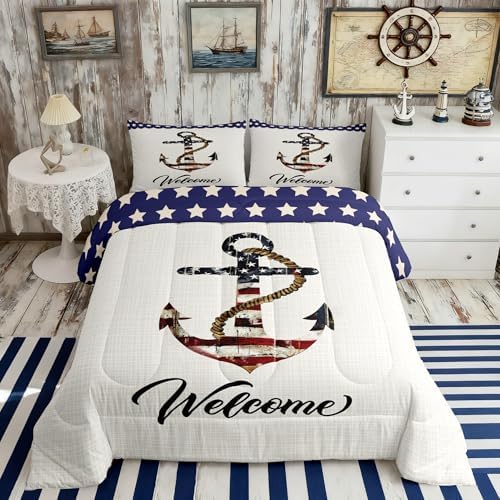 Castle Fairy American Flag Anchor Comforter Set Twin Size,Geometric Star Stripe Bedding 2pcs for Kids Teens Boys Room Decor,Nautical Adventure Quilt Vintage White Duvet Insert,1 Pillowcase Anchor 6