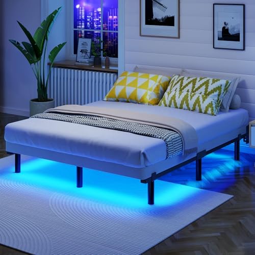 Full Bed Frame with LED Lights, 7 Inch Heavy Duty Metal Base for Box Spring