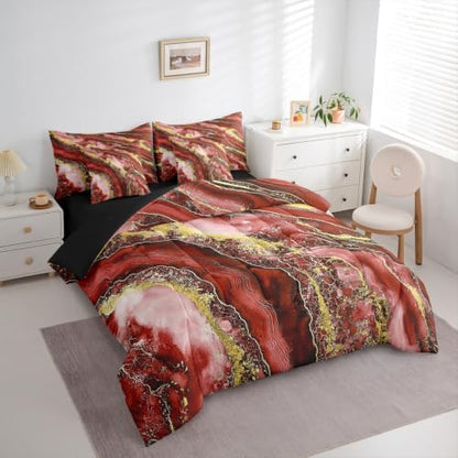 Erosebridal Red Golden Tie Dye Comforter Set Twin Size,Marble Texture Bedding Set for Kids Teens,Ink Fluid Art (Comforter+Fitted+Flat Sheet+2 Pillowcases+2 Throw Pillow Covers) 7 Pieces Bed Set