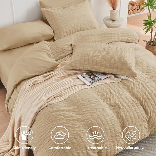 HYMOKEGE Khaki Full Size Comforter Sets Seersucker 7 Pieces, All Season Luxury Bed in a Bag for Bedroom, Bedding Set with Comforter, Sheets, Pillowcases & Shams