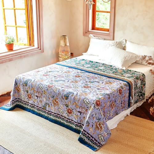 VANJOROY Boho Throw Blanket 60" x 80", 100% Organic Cotton Breathable Ultra Soft Bed Purple Quilt Throw - All Season Luxury Floral Farmhouse Decor Blanket for Sofa Couch Chair and Gift.