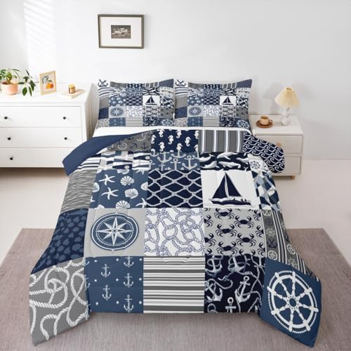 Castle Fairy Nautical Themed Checkered Bedding Comforter Twin Size Ocean Adventure Comforter Set for Kids Boys Teens,Navy Blue Rudder and Boat Anchor Quilted Duvet Patchwork Stripes Duvet Insert 2pcs