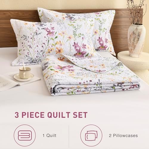 Lady Ann Wild Floral Printed Bed King Quilt Set 100% Cotton Yellow Flower Botanical Pattern Bedding, Vintage Lightweight Coverlet Ultra Soft Bedspread Set with Pillow Shams for All Season, 3 PCS