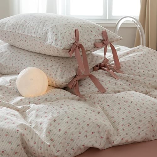 Pink Flower Duvet Cover Twin Vintage Floral Pink Stripes Duvet Cover Cotton Floral Blossom Comforter Cover Cottagecore Bedding Sets with 2 Bowknot Pillowcases Girls Botanical Floral Duvet Cover Set