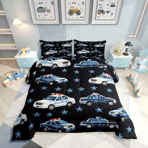 Erosebridal Police Car Comforter Set Toddler for Boys, Cartoon Car Bedding Set for Kids Teens Youth Men Bedroom, Policeman Vehicle Comforter, Star Black Quilt with 1 Pillowcase, 2 Pcs, Microfiber