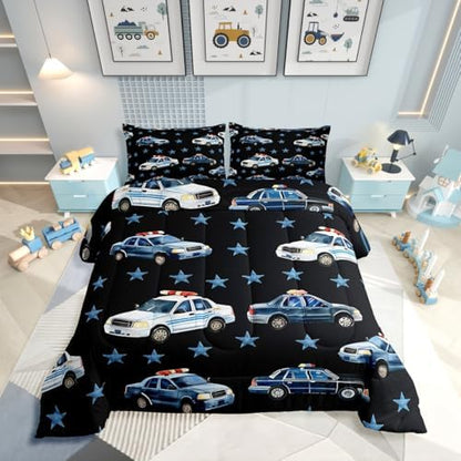 Erosebridal Police Car Comforter Set Toddler for Boys, Cartoon Car Bedding Set for Kids Teens Youth Men Bedroom, Policeman Vehicle Comforter, Star Black Quilt with 1 Pillowcase, 2 Pcs, Microfiber