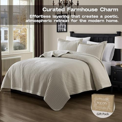 WDCOZY Beige Queen Size Quilt Set, Striped Pick Stitch Bedspread