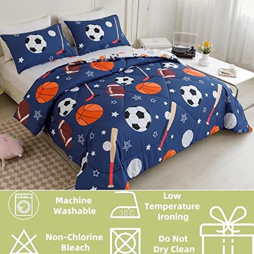 RYNGHIPY Blue Sports Bedding Set 3 Pieces Twin Balls Comforter Set for Kids