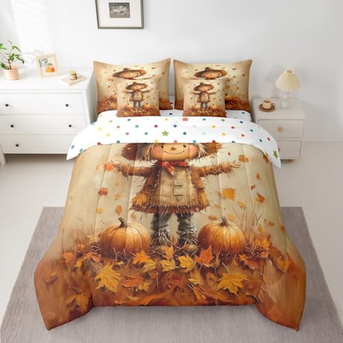 Erosebridal Autumn Farm Twin Comforter Set 7 Piece for Kids Boys Girls Scarecrow Fall Harvest Bed in A Bag with Sheets Pumpkin Maple Leaf Print Bedding Set Brown Retro Bed Set Room Decor