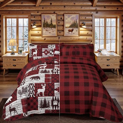 Tritard 2 Piece Christmas Plaid Quilt Sets Twin Size Bedding Set, Red Bear