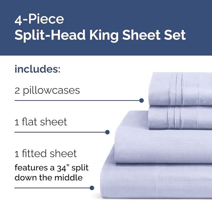 Flex Top Split Head King 4 Piece Sheet Set - Comfy Breathable & Cooling Bed Sheets Set - Hotel Luxury Bedding for Women, Men, Kids, Teens, Boys & Girls - Deep Pockets, Ultra-Soft - Oeko-Tex - Lavender