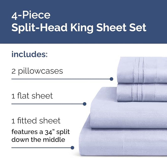 Flex Top Split Head King 4 Piece Sheet Set - Comfy Breathable & Cooling Bed Sheets Set - Hotel Luxury Bedding for Women, Men, Kids, Teens, Boys & Girls - Deep Pockets, Ultra-Soft - Oeko-Tex - Lavender