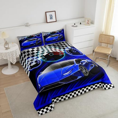 Feelyou Blue Race Car Bedding Set for Kids Boys Girls Toddler Size