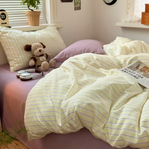 mixinni Pastel Yellow Lavender Striped Twin XL Duvet Cover Set, Soft Premium Washed Microfiber Aesthetic Stripes Comforter Cover with Hidden Zipper & Corner Ties, 3 Piece Sweet Teen Bedding for Girls