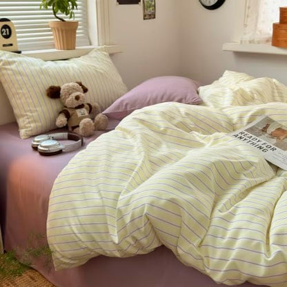 mixinni Pastel Yellow Lavender Striped Twin XL Duvet Cover Set, Soft Premium Washed Microfiber Aesthetic Stripes Comforter Cover with Hidden Zipper & Corner Ties, 3 Piece Sweet Teen Bedding for Girls