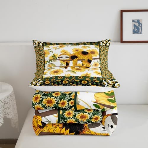 Manfei Cute Sloth Comforter Set King Size, Yellow Flower Quilt Set with 2 Pillowcases, Floral Animal Print Bedding Set 3pcs for Kids Boys Girls Bedroom Decor, Sunflower Sloth Duvet Set