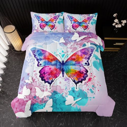 King Comforter Set for Girls Teens, Purple Blue Butterfly Comforter Set 3-Pieces Bed in a Bag，3D Colorful Butterfly King Bedding Set,Butterflies Quilt Set 3 Pcs 1 Comforter and 2 Pillowcases