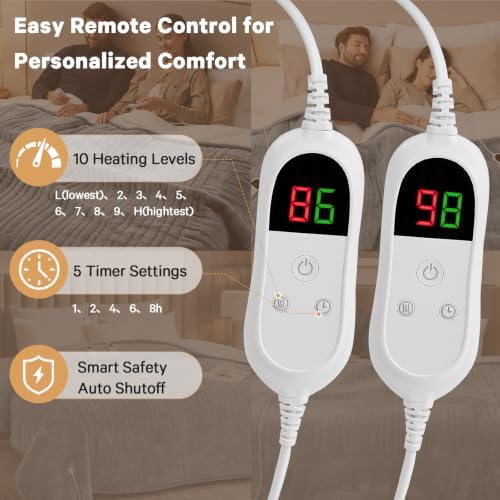 Heated Electric Blanket Queen, Dual Control 84" x 90", Ivory Gray