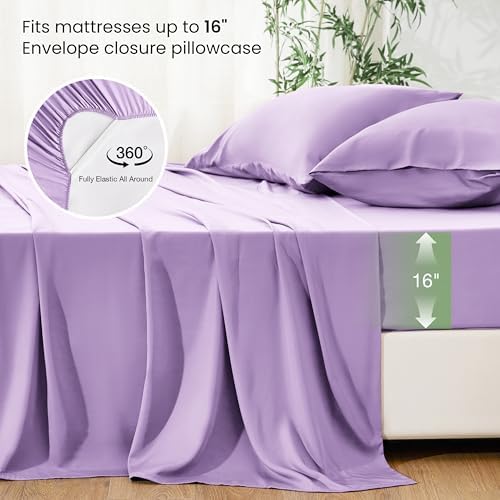 Love's cabin 4 Piece King Size Sheet Set, 100% Rayon Derived from Bamboo, Cooling & Breathable, Soft Silky Deep Pocket up to 16", Hotel Luxury Bedding for Hot Sleepers, Lavender
