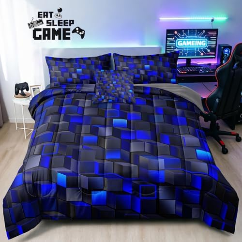 6 Pieces 3D Block Bedding Set Twin Size Blue Gaming Block for Boys Comforter Set Bed in A Bag Perfect for Boys Girls Kids Teens Bedroom Decorative Twin13