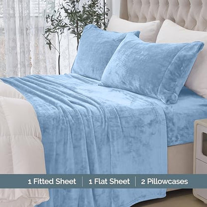 Elegant Comfort Luxuriously Soft 4-Piece Velvet Plush Flannel Sheet Set - Premium Quality - Cozy Warm, Anti-Static, Non Pilling Fuzzy Velvet Flannel Fleece Deep Pocket Sheet Set - King, Denim Blue