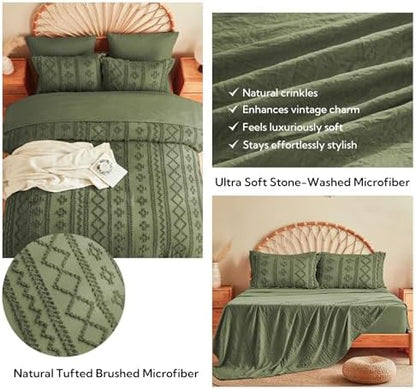 MR&HM Queen Comforter Set 7 Pieces, Tufted Boho Beddding Set Olive Green
