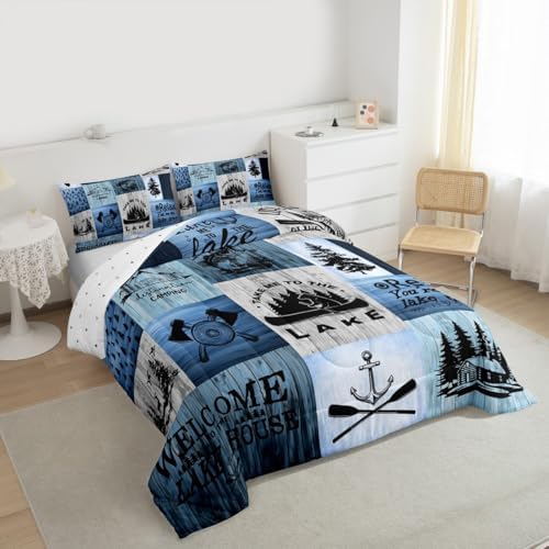 Lake House Comforter Set King Size,Camping Fishing Quilt Set Bear Anchor Pine Print Grid Bedding Set Kids Boys Girls Adult Rustic Cabin Decor Blue Patchwork Plaid Duvet Insert,2 Pillowcases