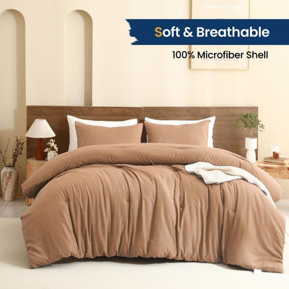 Paxrac Latte Queen Comforter Set, 3 Pieces Light Brown Bedding Set, Soft Fluffy Comforter, All Season Bed Set (90"x90" Comforter & 2 Pillowcases)