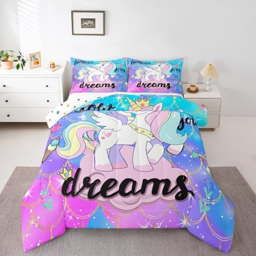 Unicorn Kawaii Bedding King,Cute Rainbow Unicorn Comforter Set,Magical Animals Dreamy Horse Down Comforter,Glitter Mermaid Scale Teal Purple Galaxy Stars Quilt Unicorn Gifts for Girls Child Kids