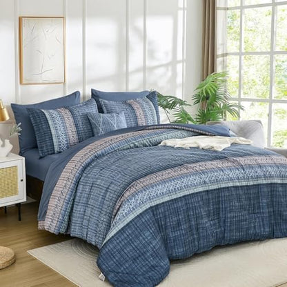 Dintszyayue Blue Comforter Set Full Size, 8 Pieces Boho Striped Bed in a Bag Soft Microfiber Bedding Set for All Season