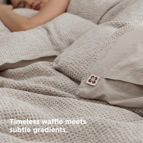 Bedsure PureWoven Space-Dyed Cotton Waffle Duvet Cover Set, King, Linen