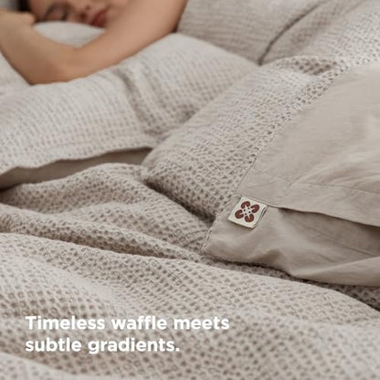 Bedsure PureWoven Space-Dyed Cotton Waffle Duvet Cover Set, King, Linen