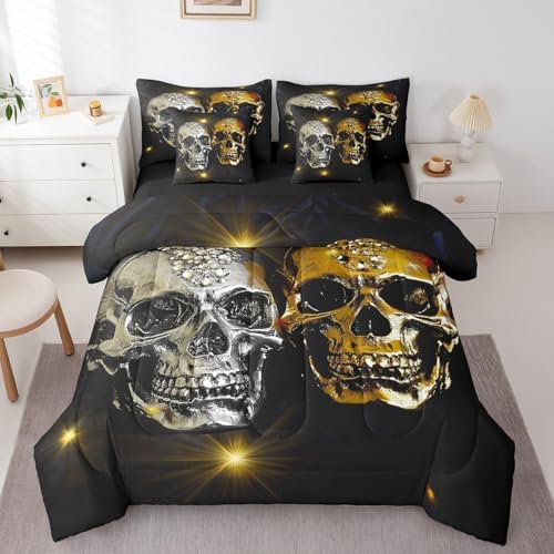 Erosebridal 7Pcs Gold Silver Skull Comforter Set Queen Size,Couple Skull Diamonds Bedding Set,Halloween Bones Skeleton Bed in A Bag,Romantic Gothic Sheet Set with Comforter