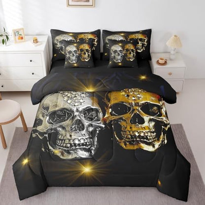 Erosebridal 7Pcs Gold Silver Skull Comforter Set Full Size,Couple Skull Diamonds Bedding Set,Halloween Bones Skeleton Bed in A Bag,Romantic Gothic Sheet Set with Comforter
