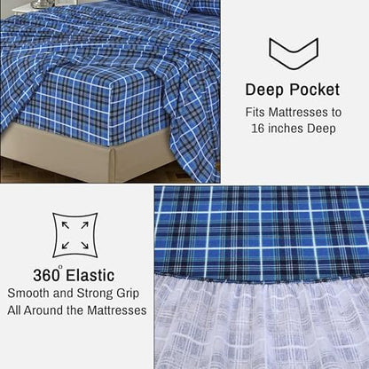 RUVANTI Flannel Sheets Set Split King Size, Blue Plaid