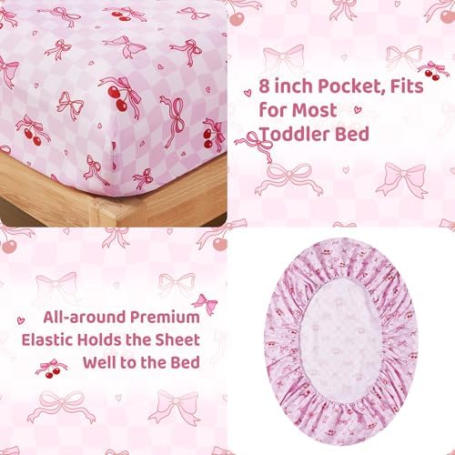 lasoftan Toddler Bedding Set, Toddler Bed Comforter Sets for Girls, Toddler Bed Set, Pink Cherry Printed