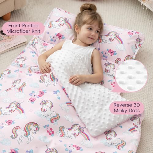 PHF Toddler Nap Mat with Removable Pillow and Minky Blanket, Rollup Design Kids Sleeping Mat, Slumber Bags for Girls, 55"x23" Toddler Sleeping Bag for Daycare Preschool Travel Camping, Unicorn