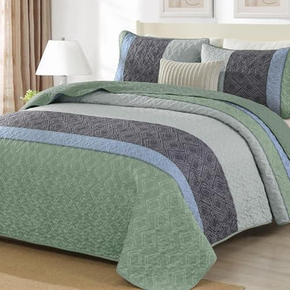 Cottolester Boho Full Quilt Set,Grey Green Striped Plaid Bedspread Coverlet