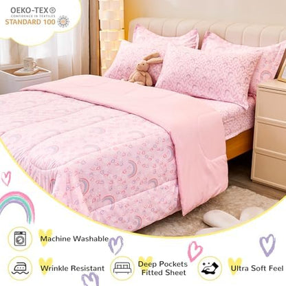 Viviland Kids Twin Bedding Sets, Girls Comforter, Pink Rainbow