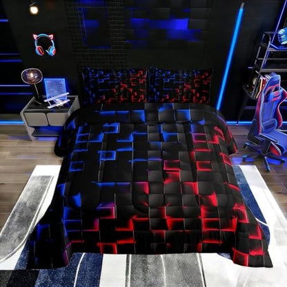 Erosebridal Geometric Checkered Boys Bedding Set Full Size Neon Red Blue Comforter Set for Kids Teen Men Gamer Room Decor,Abstract Ombre Plaid Comforter Grids Quilt Duvet Black