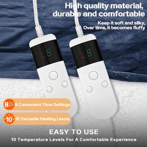 Electric Heated Blanket King Size 90''x100'' - Dual-Control Heating Blanket, Soft & Warm Flannel 10-Level Temperature Control, 8 Hours Auto Off, Rapid Heating & Overheat Protection