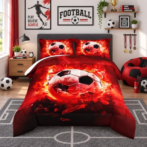 Red Soccer Bedding Comforter Set Full Size with 2 Pillowcases.